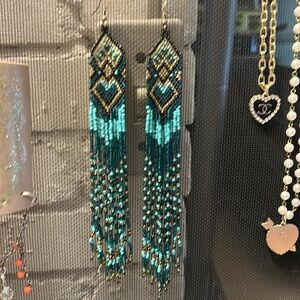 Myra Bag Handcrafted Long, Teal, Beaded Fringe Earrings—Gorgeous!!